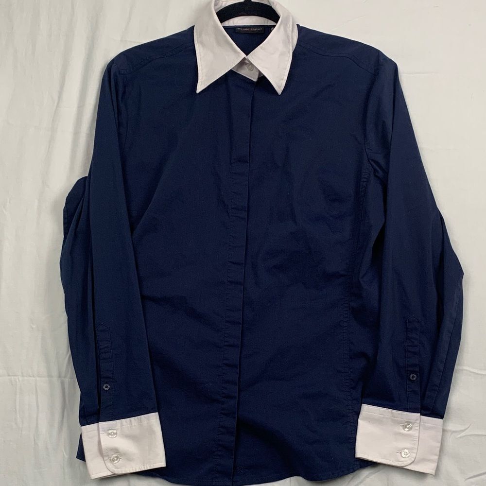 NEW YORK & COMPANY | XL WOMEN'S POINT COLLAR SHIRT | BLUE NAVY WHITE STRETCH